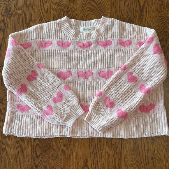 Jessica Simpson Pink Heart Knit Pattern Crewneck Sweater Size M - Picture 3 of 9